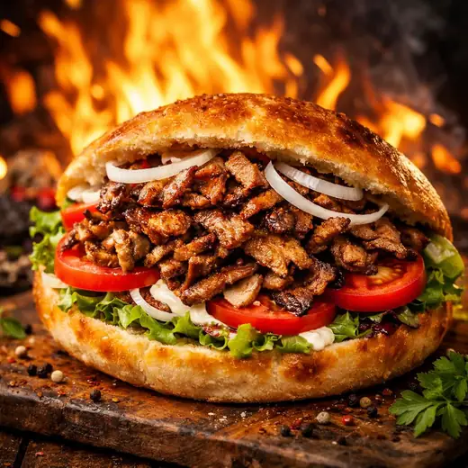 Kebab dans le pain rond maison, viande saisie au feu de bois